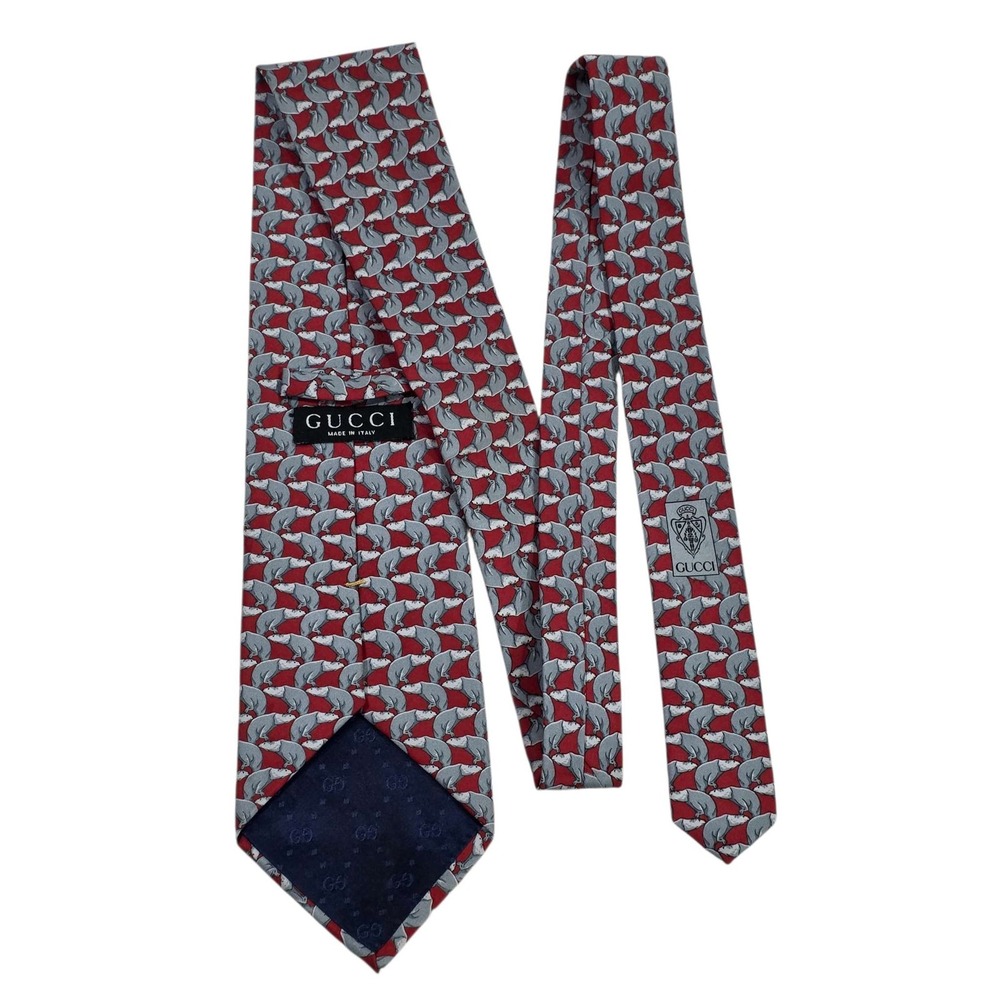 GUCCI Silk Polar Bear Mens Necktie Red Grey Made in Italy Animal Luxury Designer